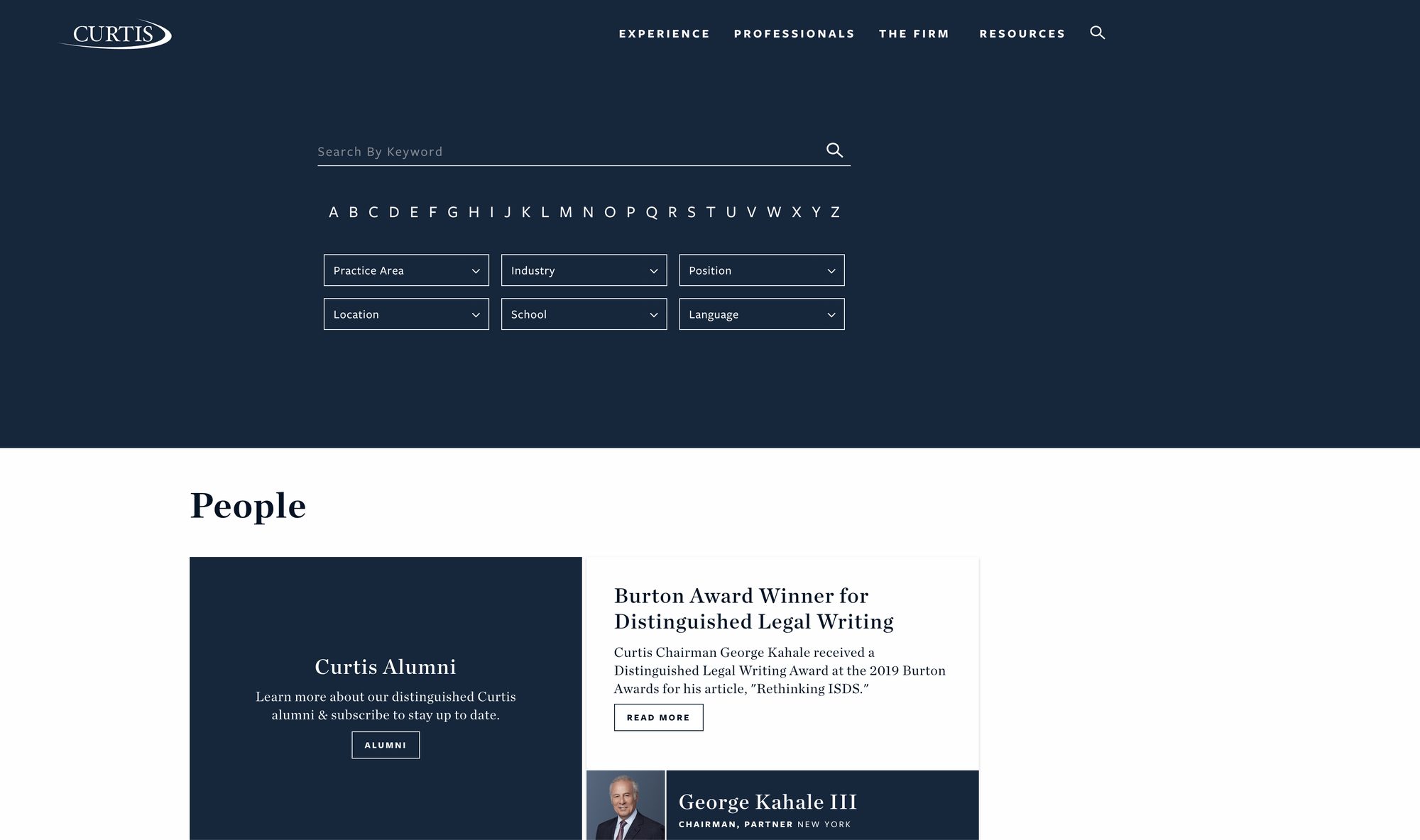 The Curtis attorney directory Happy Cog built on Craft, with keyword search, an A to Z index, and filters for practice area, industry, position, location, school, and language