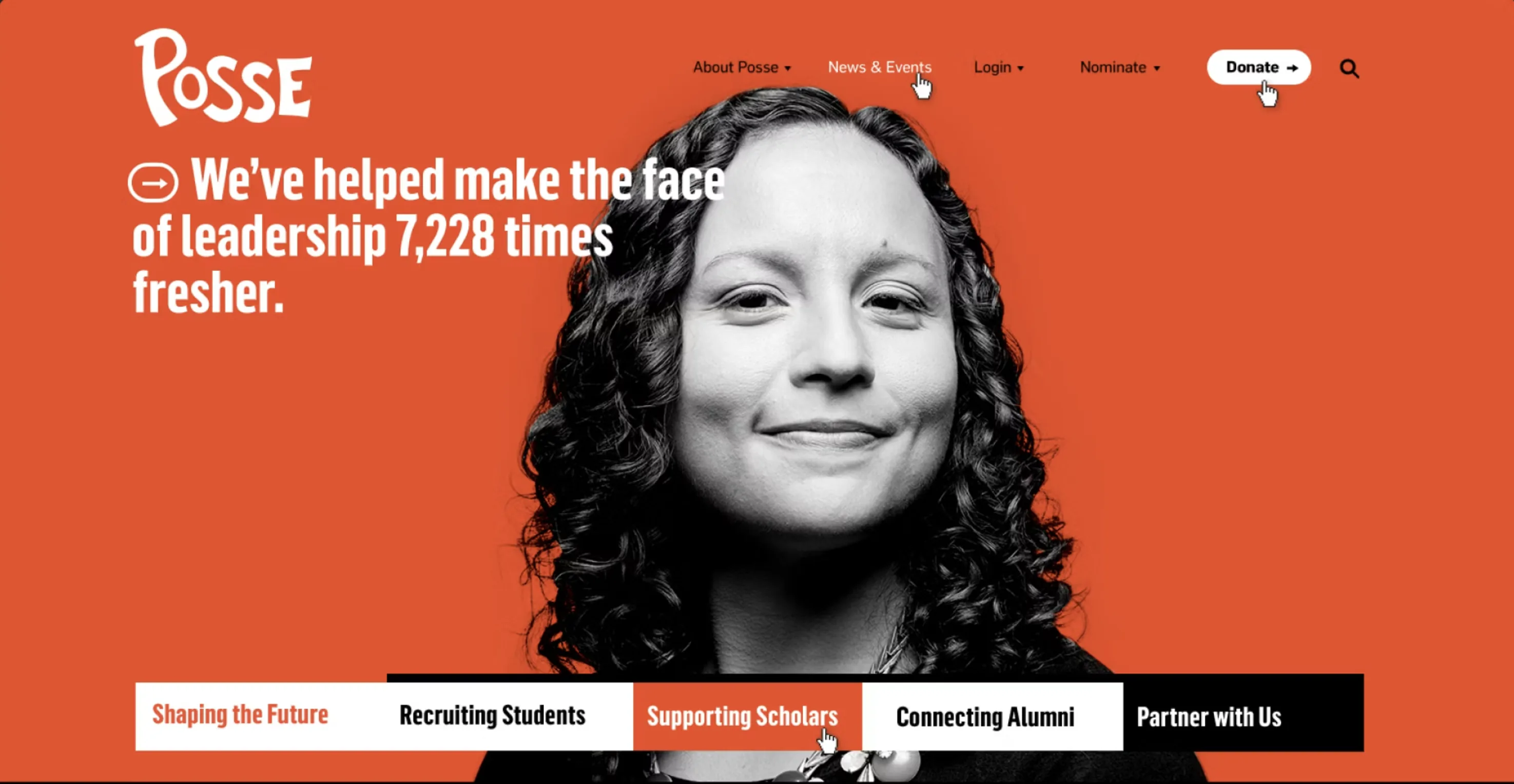 Posse Foundation website hero, We’ve helped make the face of leadership 7,228 times fresher