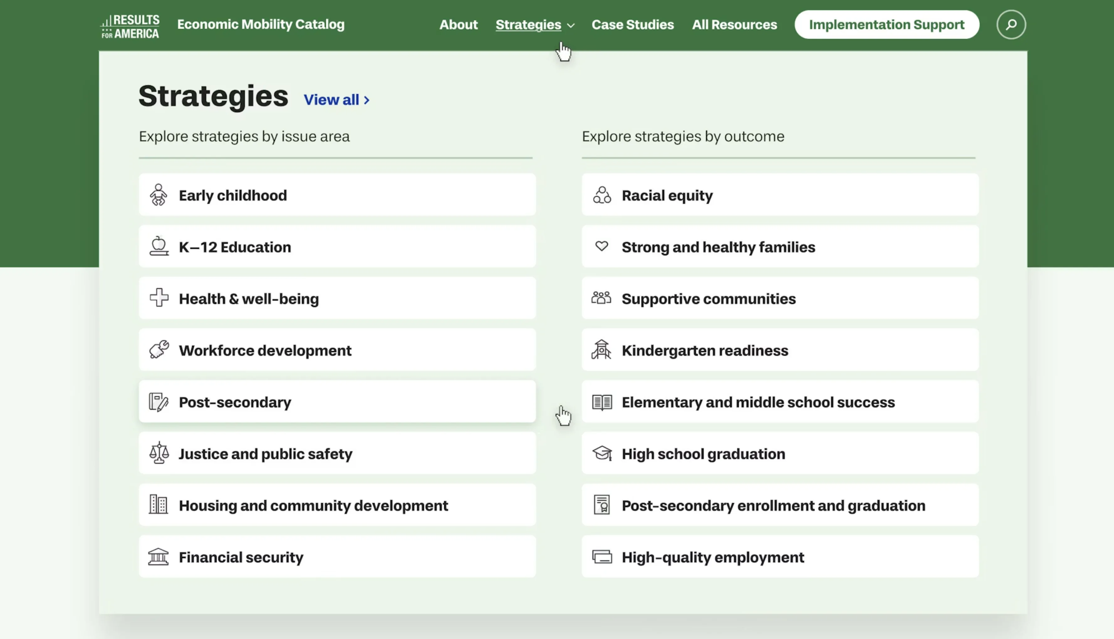Results for America Economic Mobility Catalog, strategies browsable by issue area and outcome