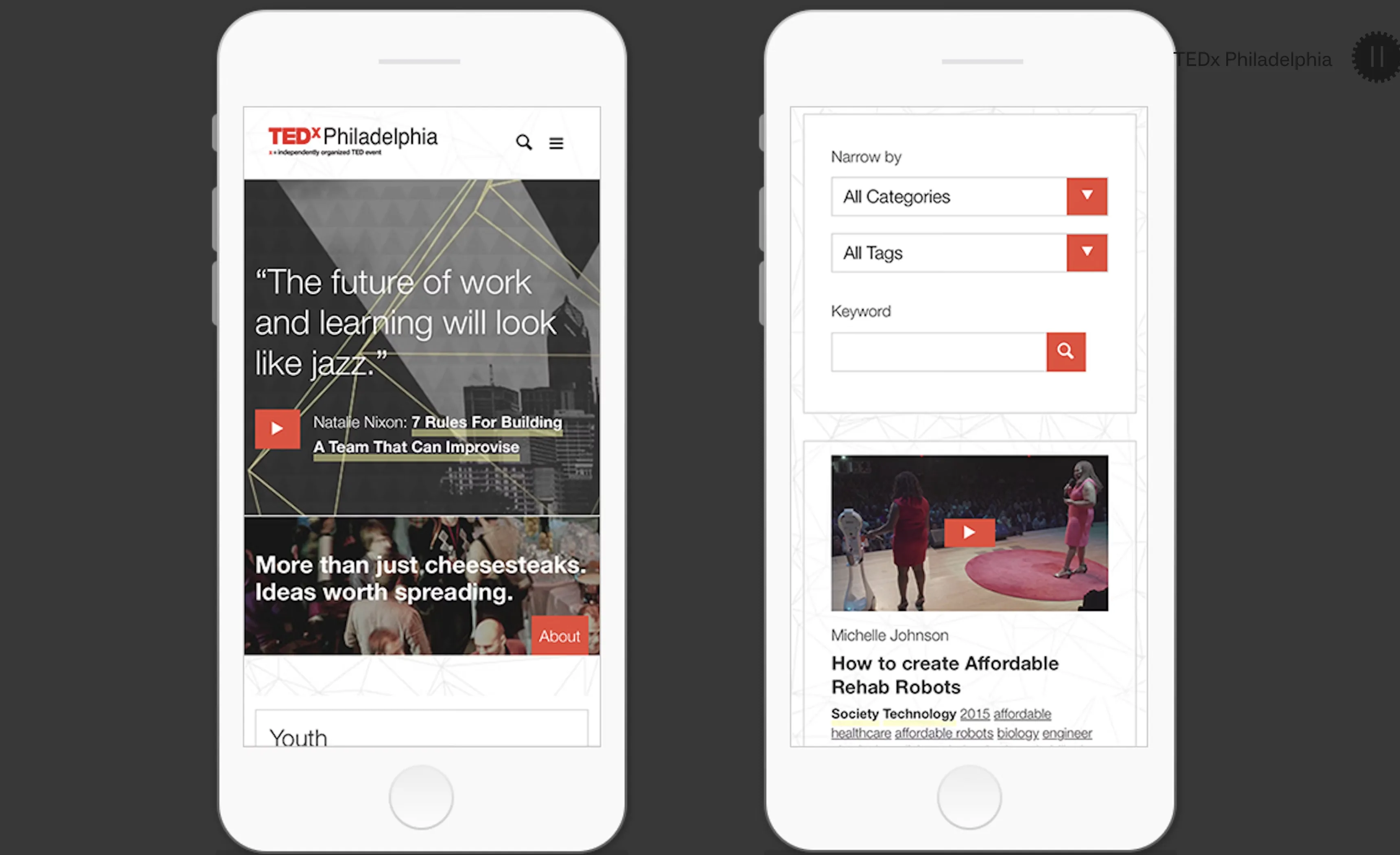 TEDx Philadelphia responsive site on two phones, talk library with category and tag filters